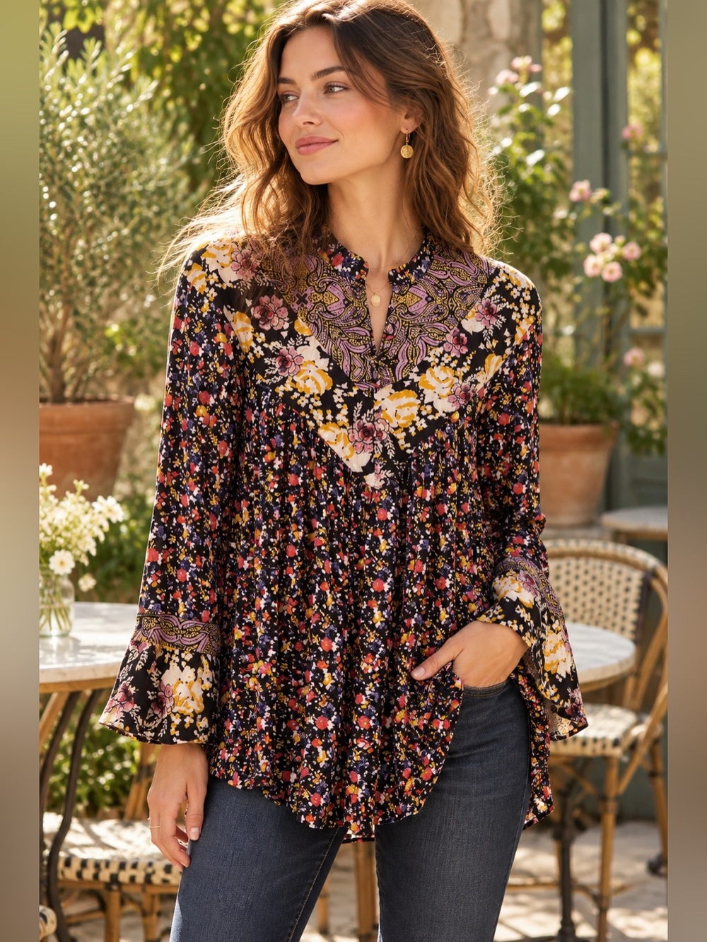 Free People Floral Paisley Boho Tunic Blouse XS